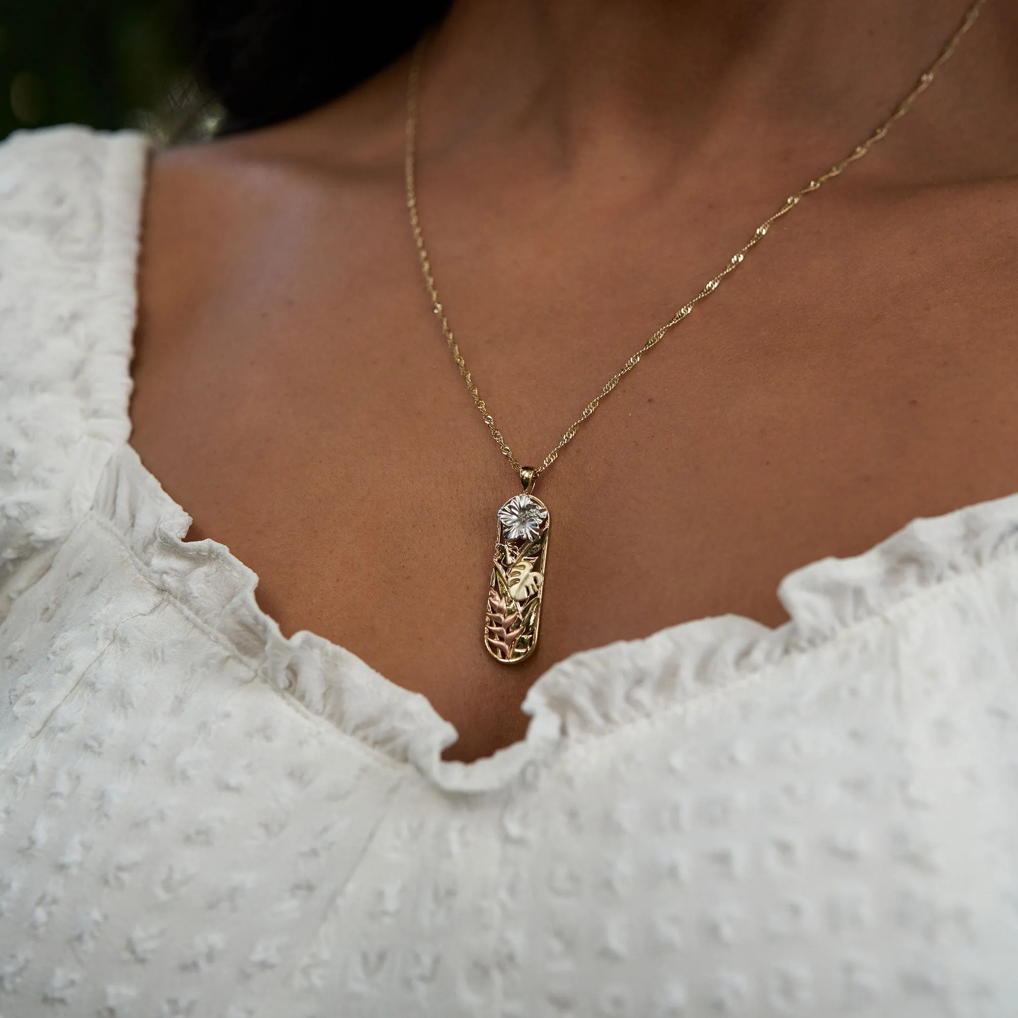 Hawaiian Gardens Hibiscus Pendant in Four Tone Gold with Diamonds - 32mm