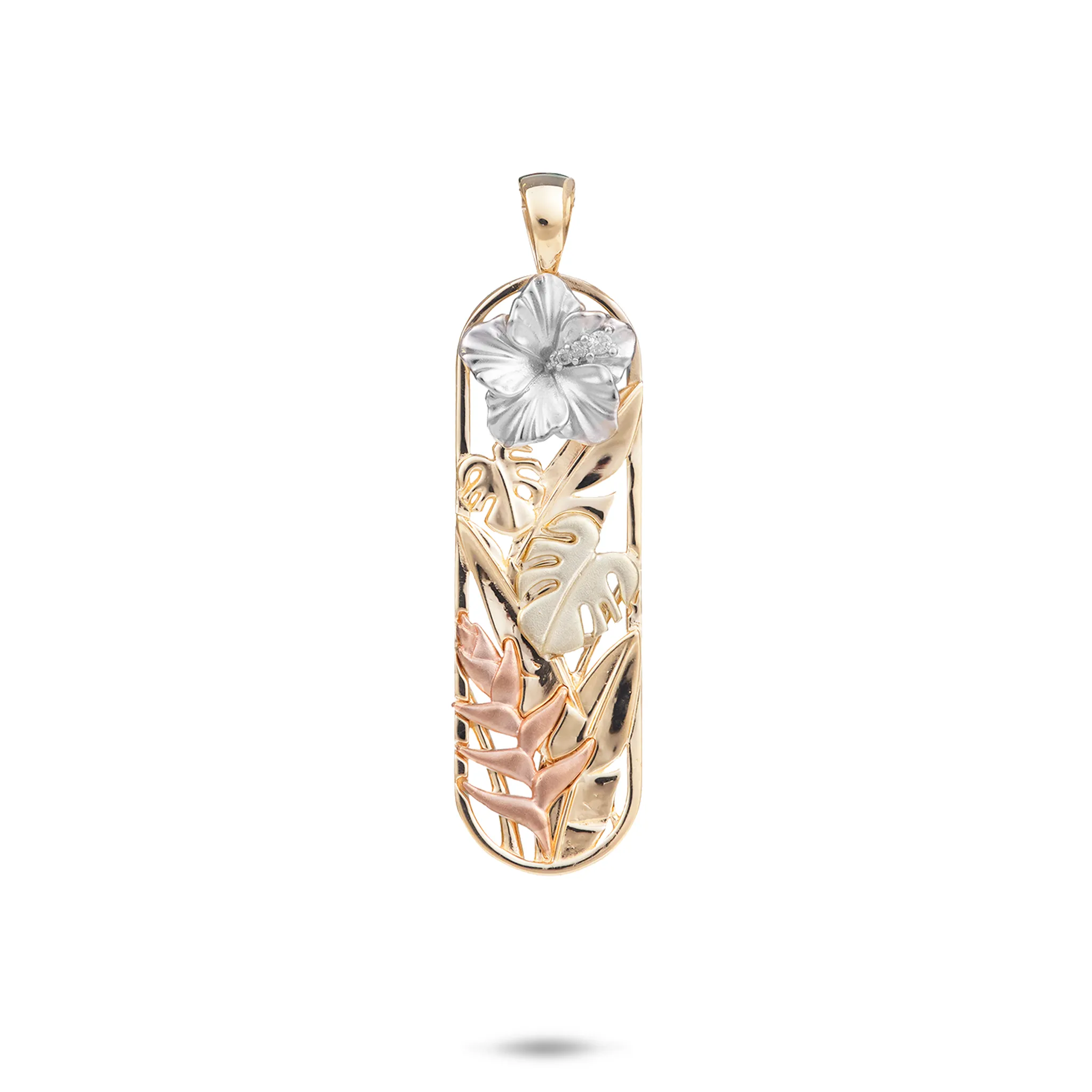 Hawaiian Gardens Hibiscus Pendant in Four Tone Gold with Diamonds - 32mm