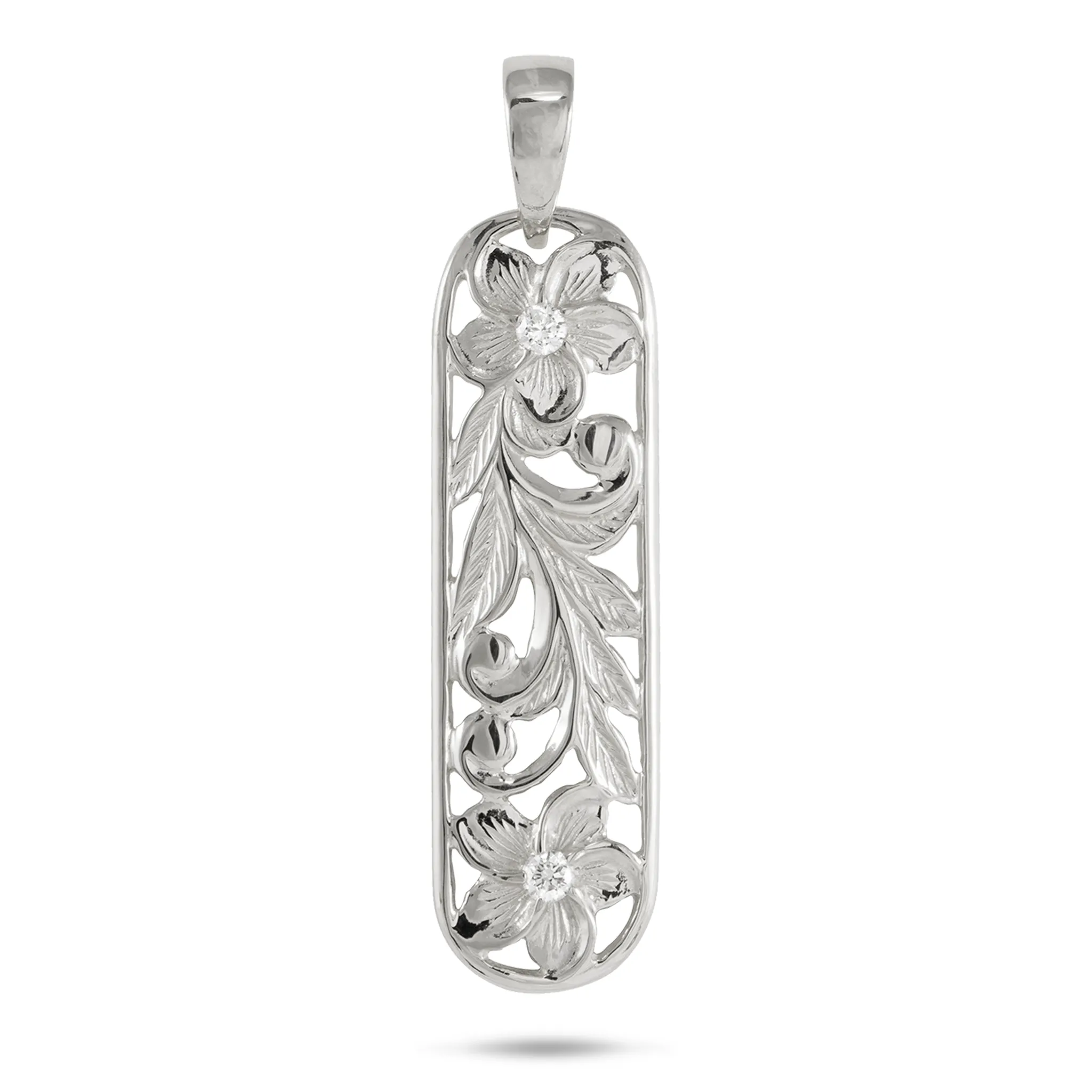 Hawaiian Heirloom Plumeria Pendant in White Gold with Diamonds - 38mm