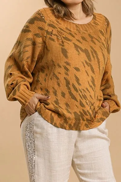 Hazel Blues® | Umgee Animal Print Round Neck Distressed Detail Sweater