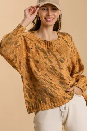 Hazel Blues® | Umgee Animal Print Round Neck Distressed Detail Sweater