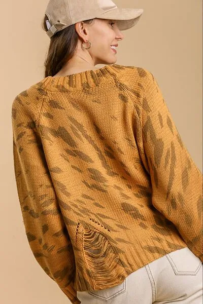 Hazel Blues® | Umgee Animal Print Round Neck Distressed Detail Sweater
