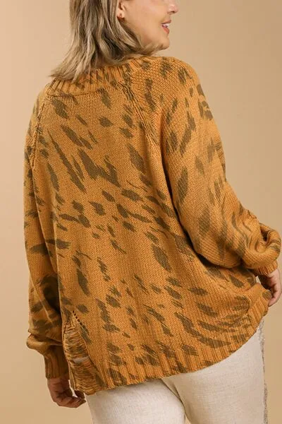 Hazel Blues® | Umgee Animal Print Round Neck Distressed Detail Sweater