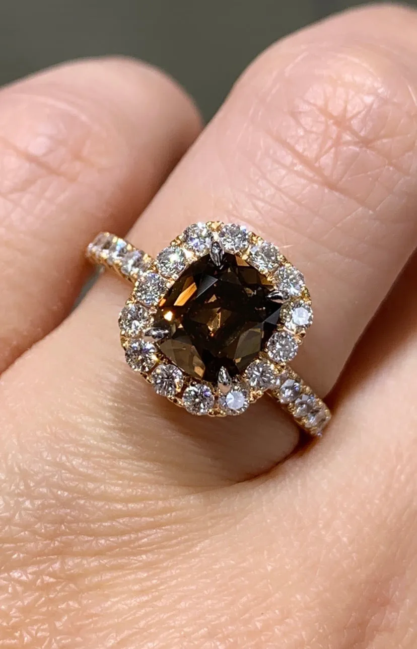 Henri Daussi 1.92ct GIA Certified Fancy Dark Orange Brown Cushion Halo Single Shank Engagement Ring
