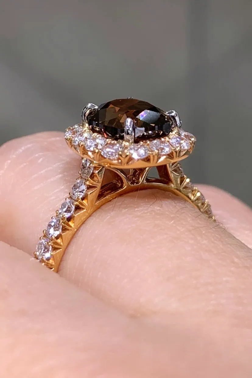 Henri Daussi 1.92ct GIA Certified Fancy Dark Orange Brown Cushion Halo Single Shank Engagement Ring