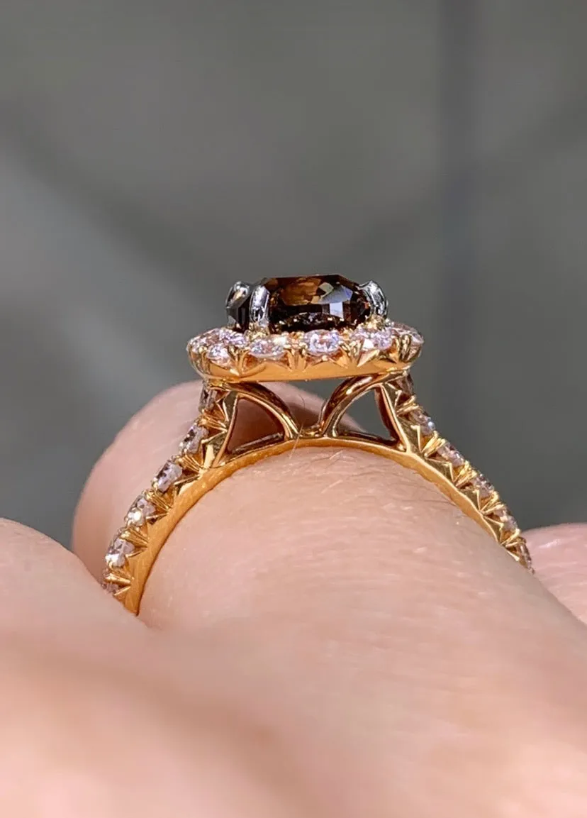 Henri Daussi 1.92ct GIA Certified Fancy Dark Orange Brown Cushion Halo Single Shank Engagement Ring