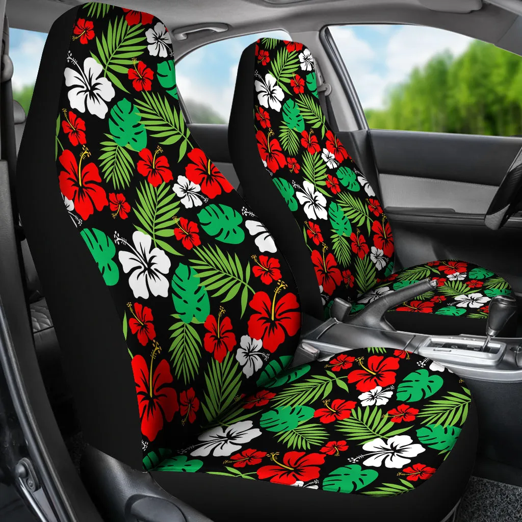 Hibiscus Flower Car Seat Covers In Red and Green Hawaiian Pattern Polynesian Set of 2