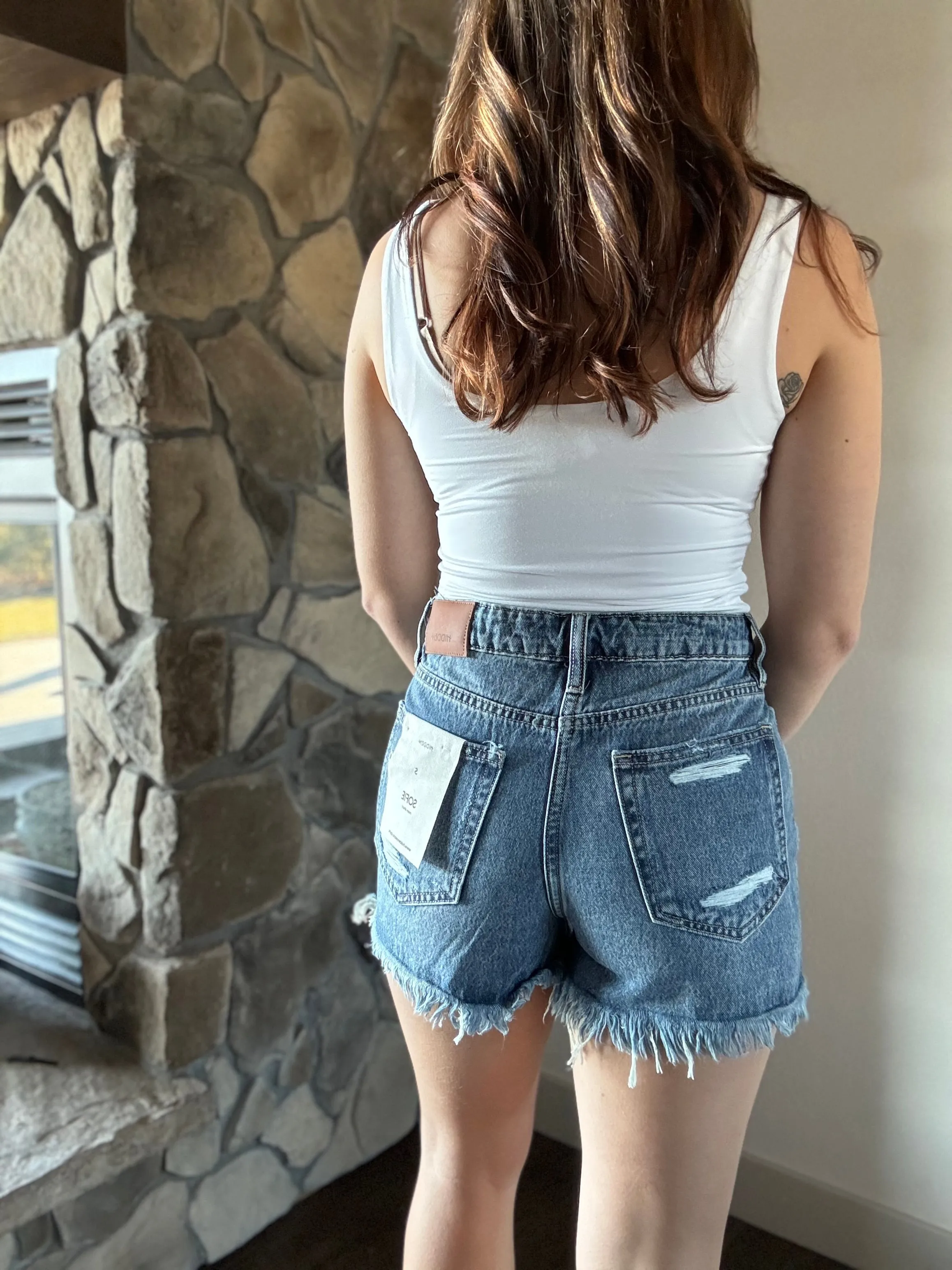 hidden sofie dark wash frayed shorts
