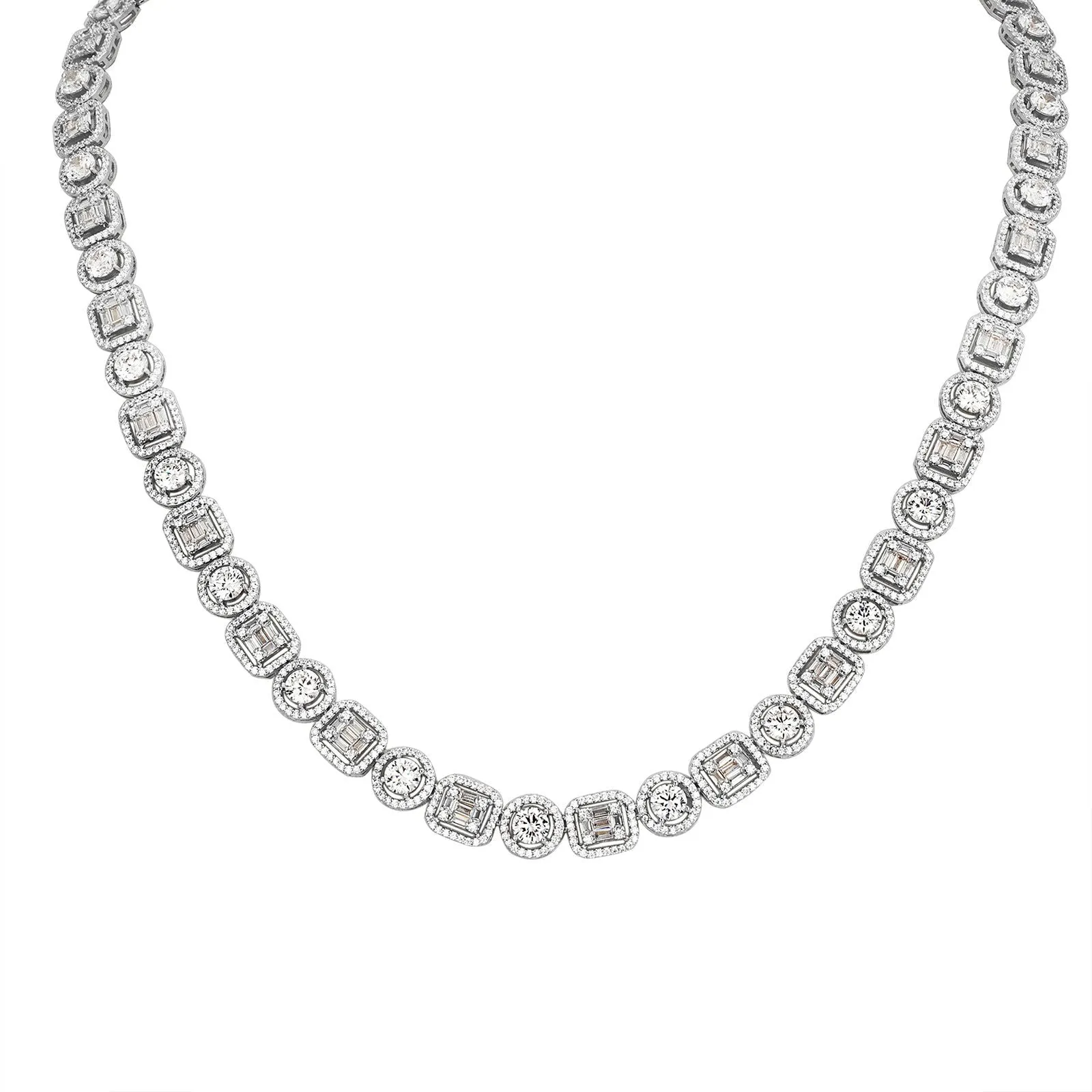 Icy Solitaire Round Baguette Links Designer One Row Tennis Chain
