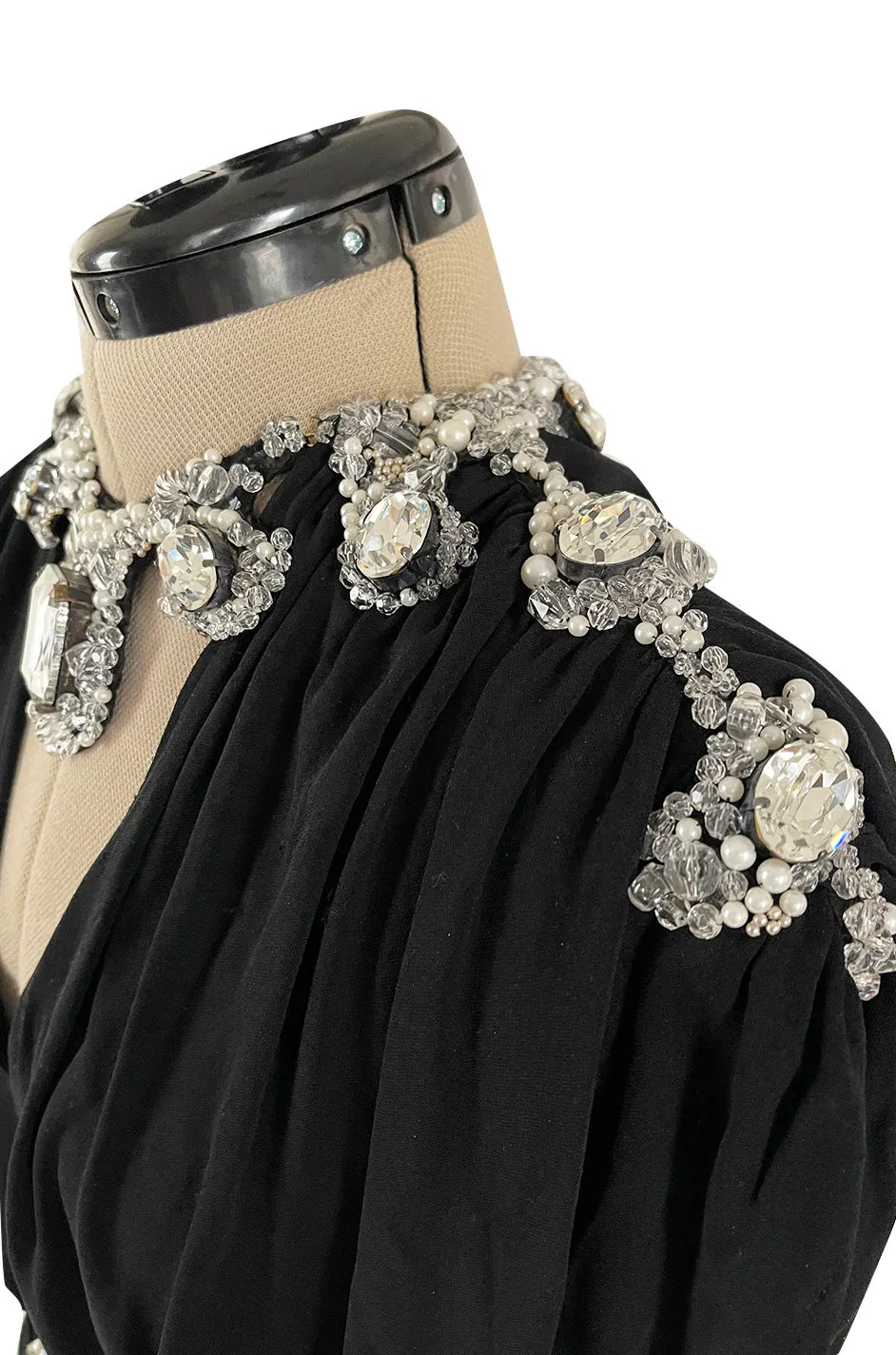 Incredible 1970s Loris Azzaro Black Silk Jersey Dress w Huge Attached Jewel Collar & Jewelled Belt