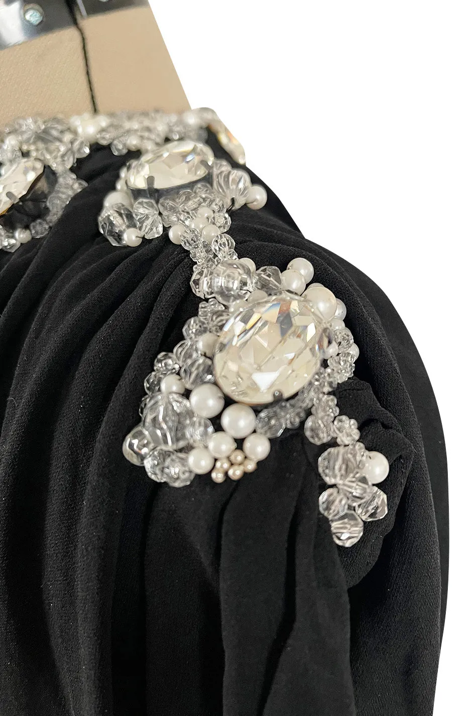 Incredible 1970s Loris Azzaro Black Silk Jersey Dress w Huge Attached Jewel Collar & Jewelled Belt