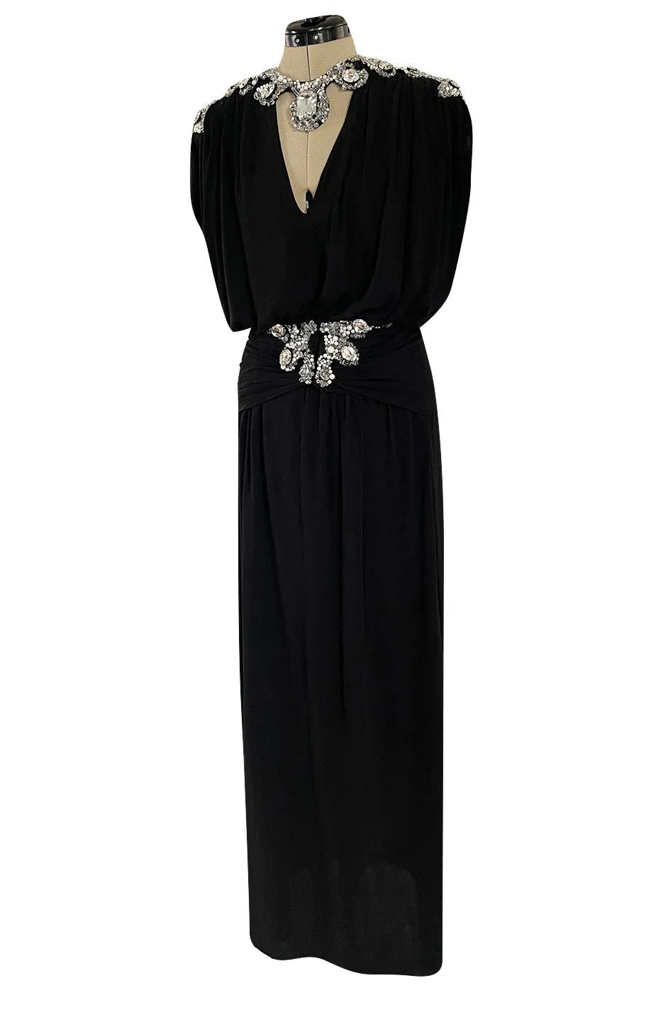 Incredible 1970s Loris Azzaro Black Silk Jersey Dress w Huge Attached Jewel Collar & Jewelled Belt