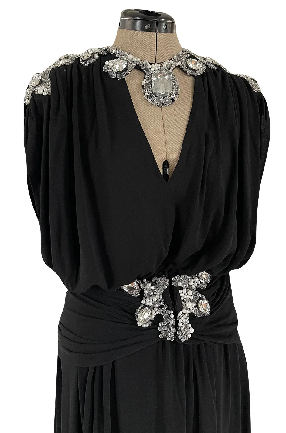 Incredible 1970s Loris Azzaro Black Silk Jersey Dress w Huge Attached Jewel Collar & Jewelled Belt