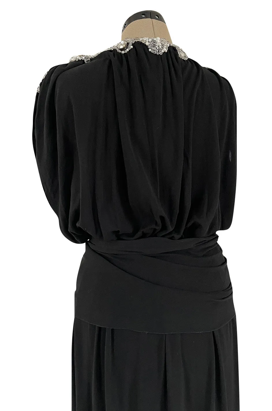 Incredible 1970s Loris Azzaro Black Silk Jersey Dress w Huge Attached Jewel Collar & Jewelled Belt