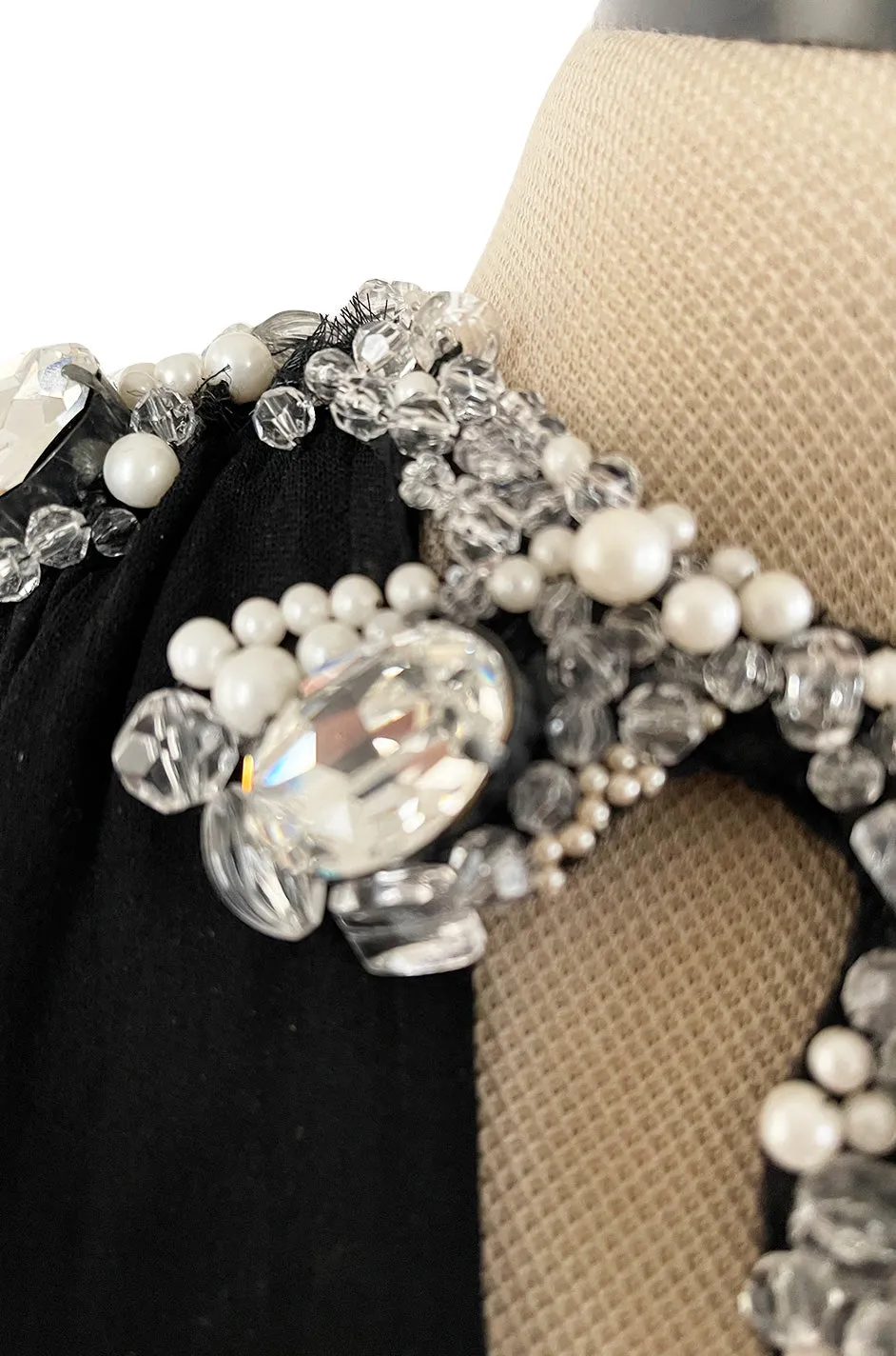 Incredible 1970s Loris Azzaro Black Silk Jersey Dress w Huge Attached Jewel Collar & Jewelled Belt
