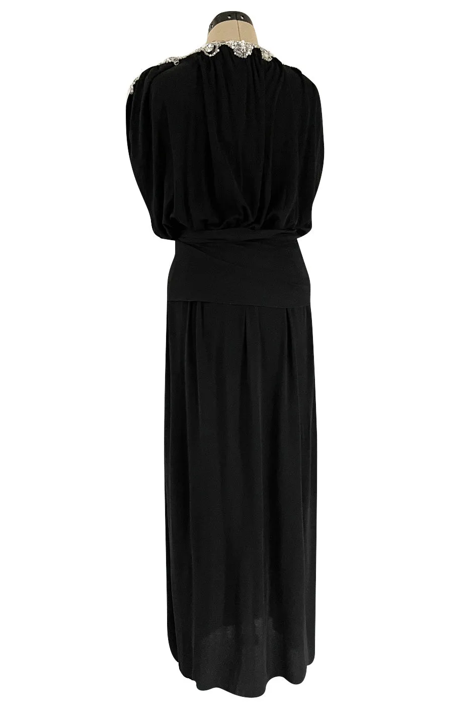 Incredible 1970s Loris Azzaro Black Silk Jersey Dress w Huge Attached Jewel Collar & Jewelled Belt