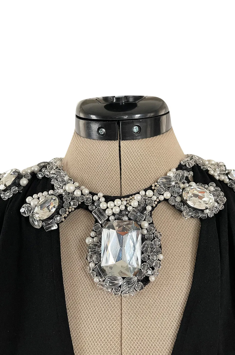 Incredible 1970s Loris Azzaro Black Silk Jersey Dress w Huge Attached Jewel Collar & Jewelled Belt