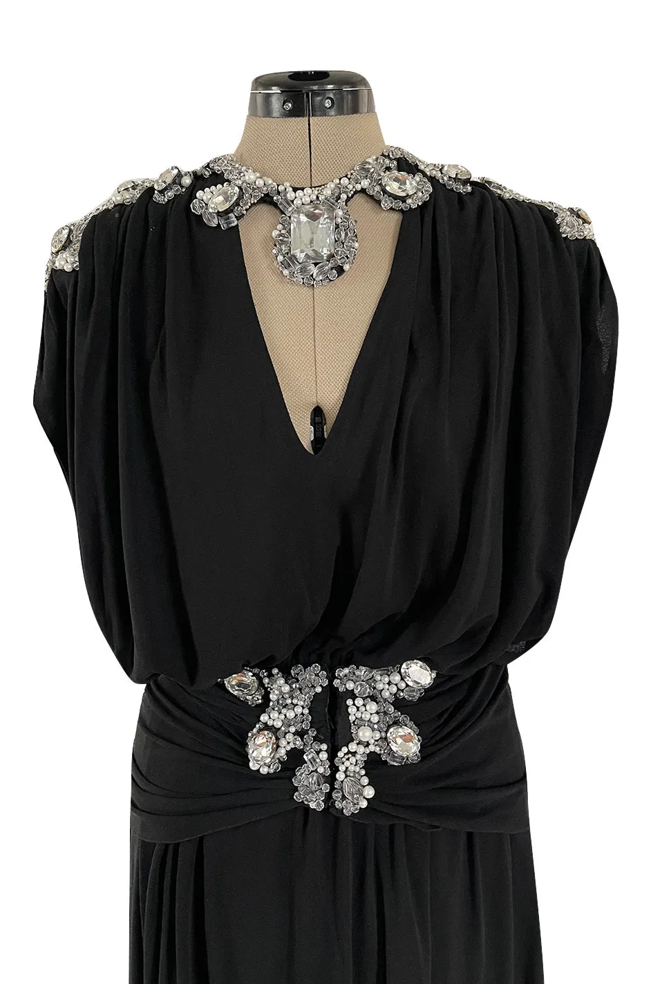 Incredible 1970s Loris Azzaro Black Silk Jersey Dress w Huge Attached Jewel Collar & Jewelled Belt