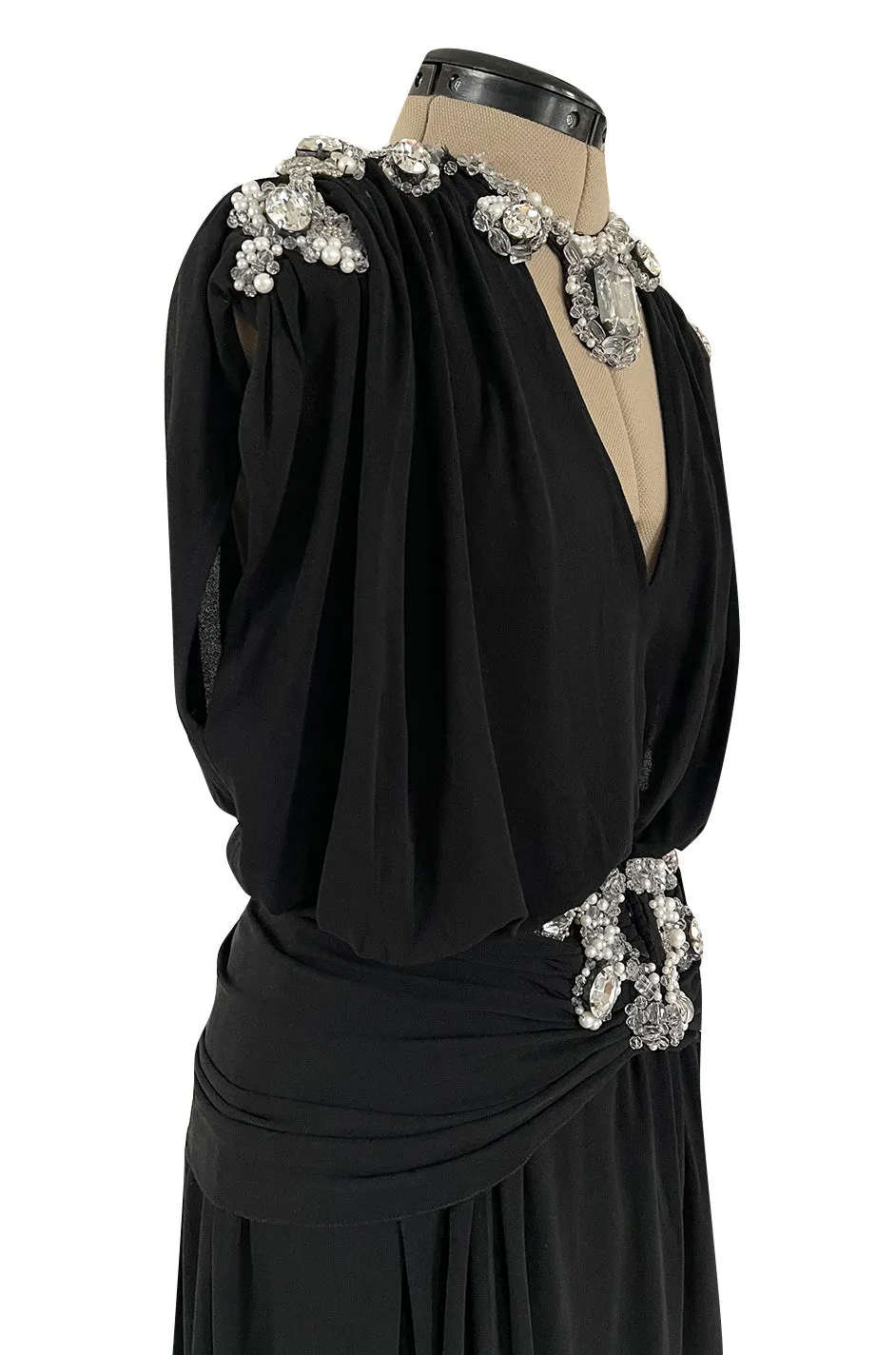 Incredible 1970s Loris Azzaro Black Silk Jersey Dress w Huge Attached Jewel Collar & Jewelled Belt