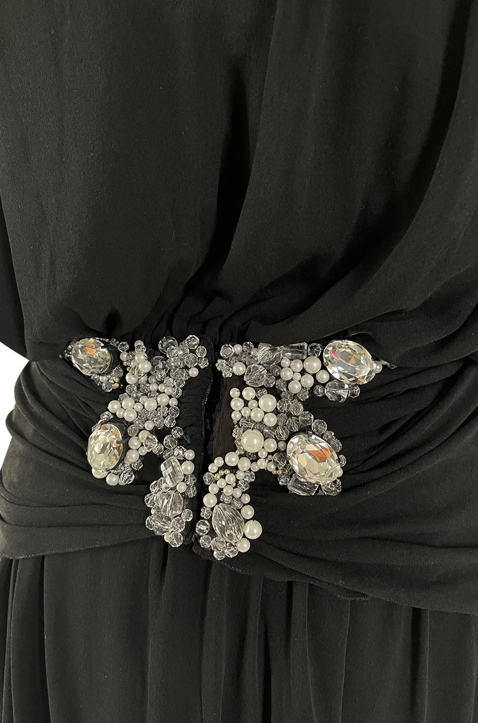 Incredible 1970s Loris Azzaro Black Silk Jersey Dress w Huge Attached Jewel Collar & Jewelled Belt