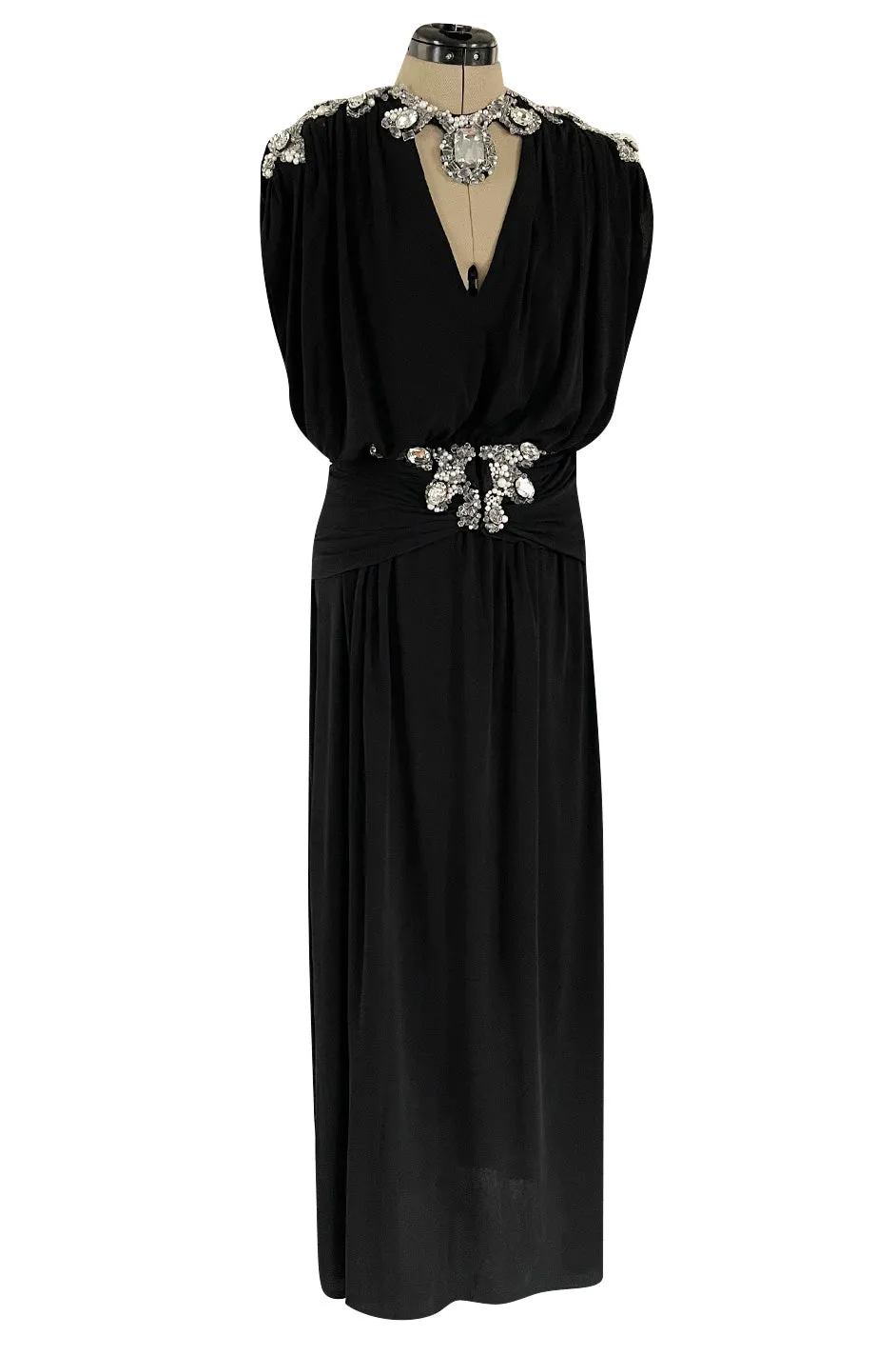 Incredible 1970s Loris Azzaro Black Silk Jersey Dress w Huge Attached Jewel Collar & Jewelled Belt