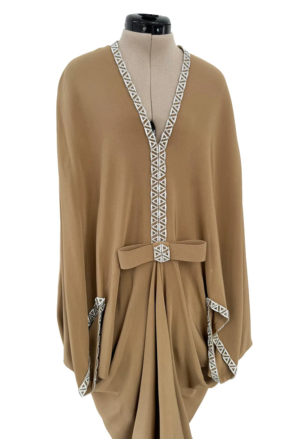 Incredible 1978 Pierre Cardin Haute Couture Soft Taupe Silk Cape Dress w Rhinestone Detailing