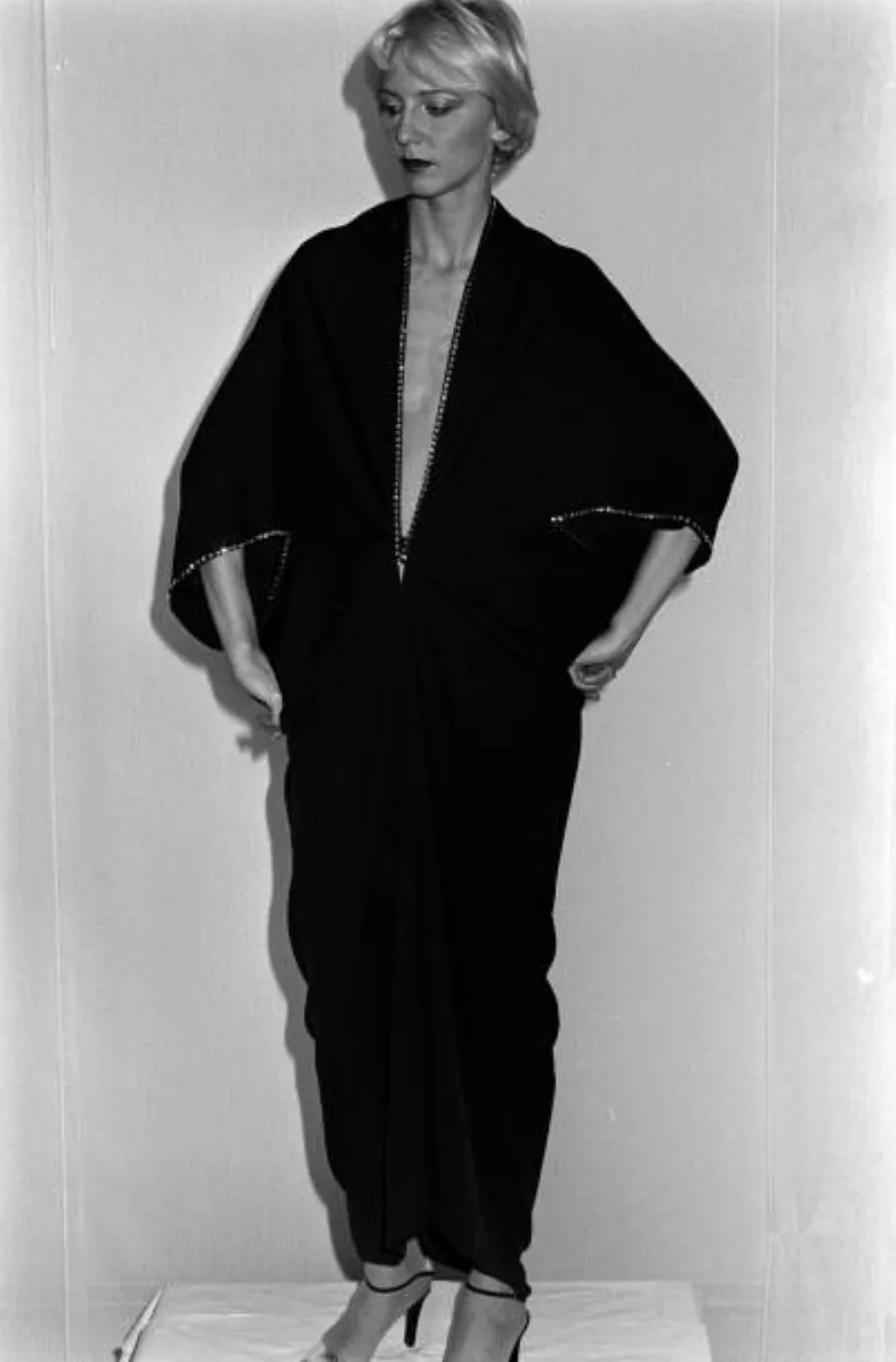 Incredible 1978 Pierre Cardin Haute Couture Soft Taupe Silk Cape Dress w Rhinestone Detailing