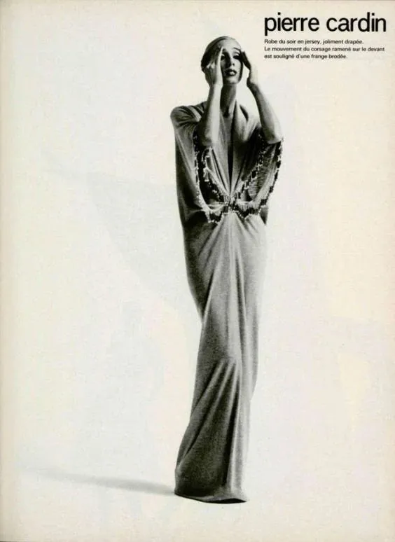 Incredible 1978 Pierre Cardin Haute Couture Soft Taupe Silk Cape Dress w Rhinestone Detailing