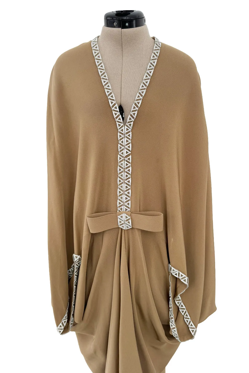 Incredible 1978 Pierre Cardin Haute Couture Soft Taupe Silk Cape Dress w Rhinestone Detailing