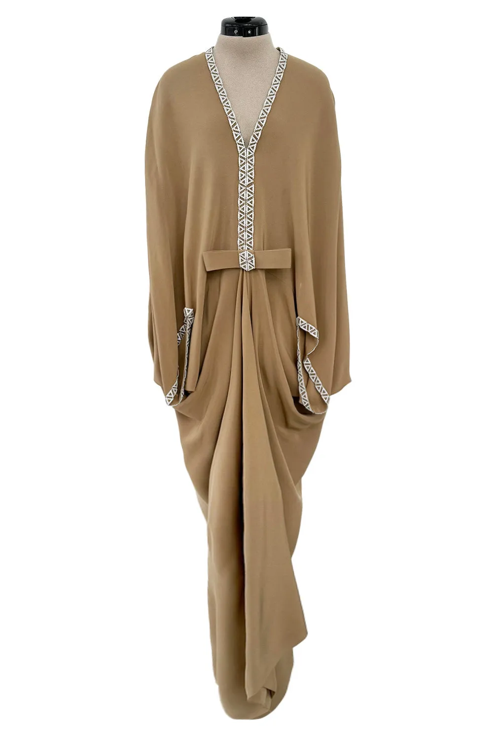 Incredible 1978 Pierre Cardin Haute Couture Soft Taupe Silk Cape Dress w Rhinestone Detailing