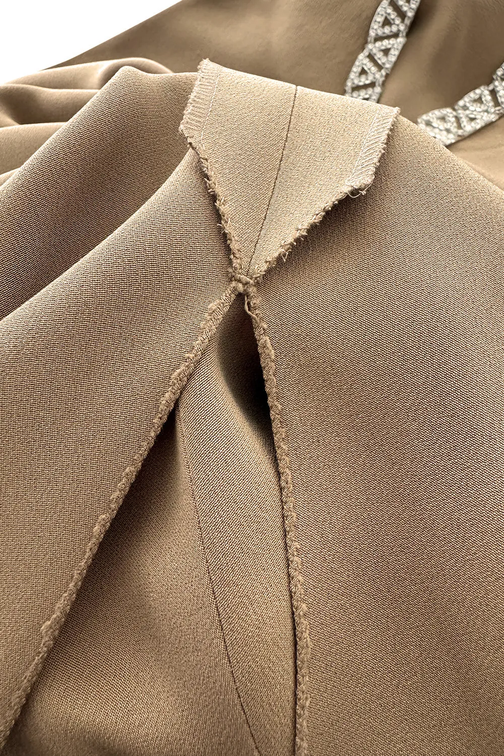 Incredible 1978 Pierre Cardin Haute Couture Soft Taupe Silk Cape Dress w Rhinestone Detailing