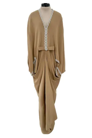 Incredible 1978 Pierre Cardin Haute Couture Soft Taupe Silk Cape Dress w Rhinestone Detailing