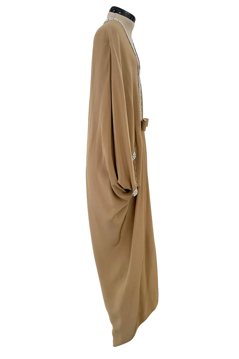 Incredible 1978 Pierre Cardin Haute Couture Soft Taupe Silk Cape Dress w Rhinestone Detailing