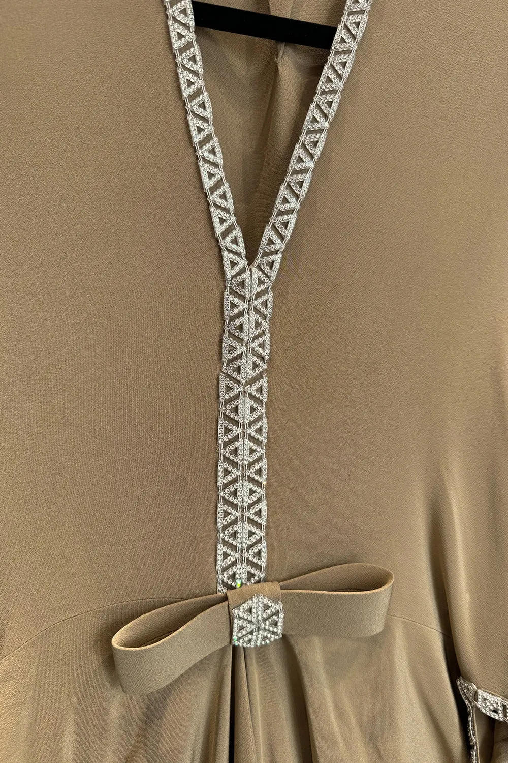 Incredible 1978 Pierre Cardin Haute Couture Soft Taupe Silk Cape Dress w Rhinestone Detailing