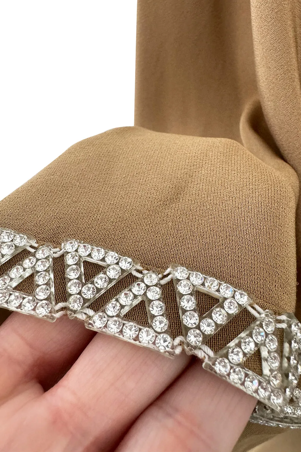 Incredible 1978 Pierre Cardin Haute Couture Soft Taupe Silk Cape Dress w Rhinestone Detailing