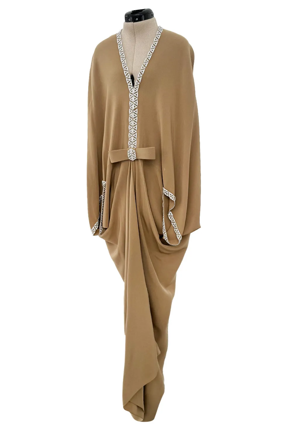 Incredible 1978 Pierre Cardin Haute Couture Soft Taupe Silk Cape Dress w Rhinestone Detailing