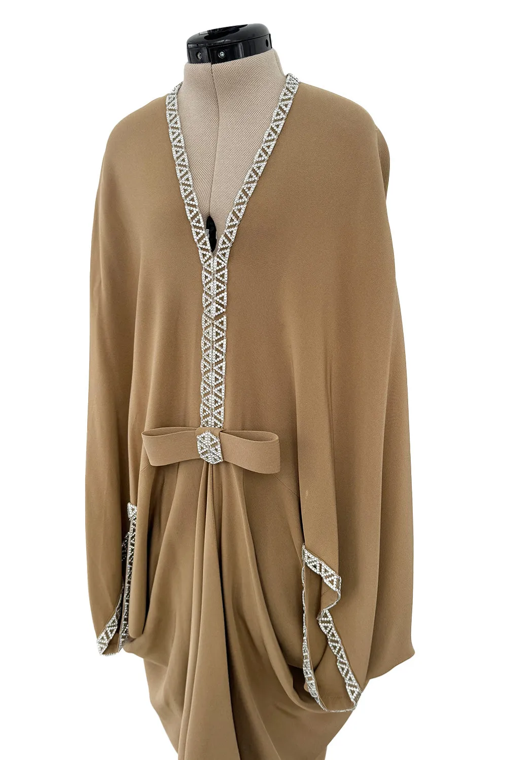 Incredible 1978 Pierre Cardin Haute Couture Soft Taupe Silk Cape Dress w Rhinestone Detailing