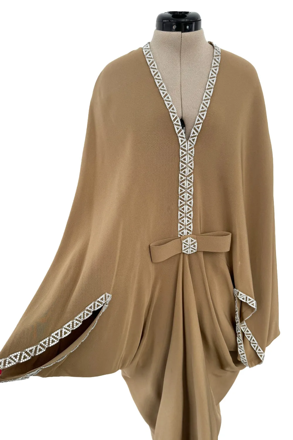 Incredible 1978 Pierre Cardin Haute Couture Soft Taupe Silk Cape Dress w Rhinestone Detailing
