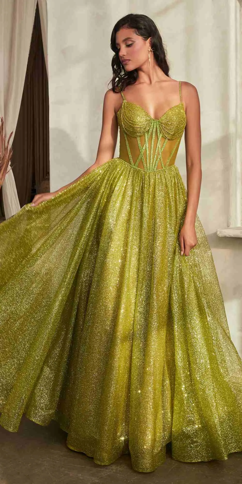 Ladivine CD832 Long Sheer Boned Bodice Glitter Flock Ball Gown