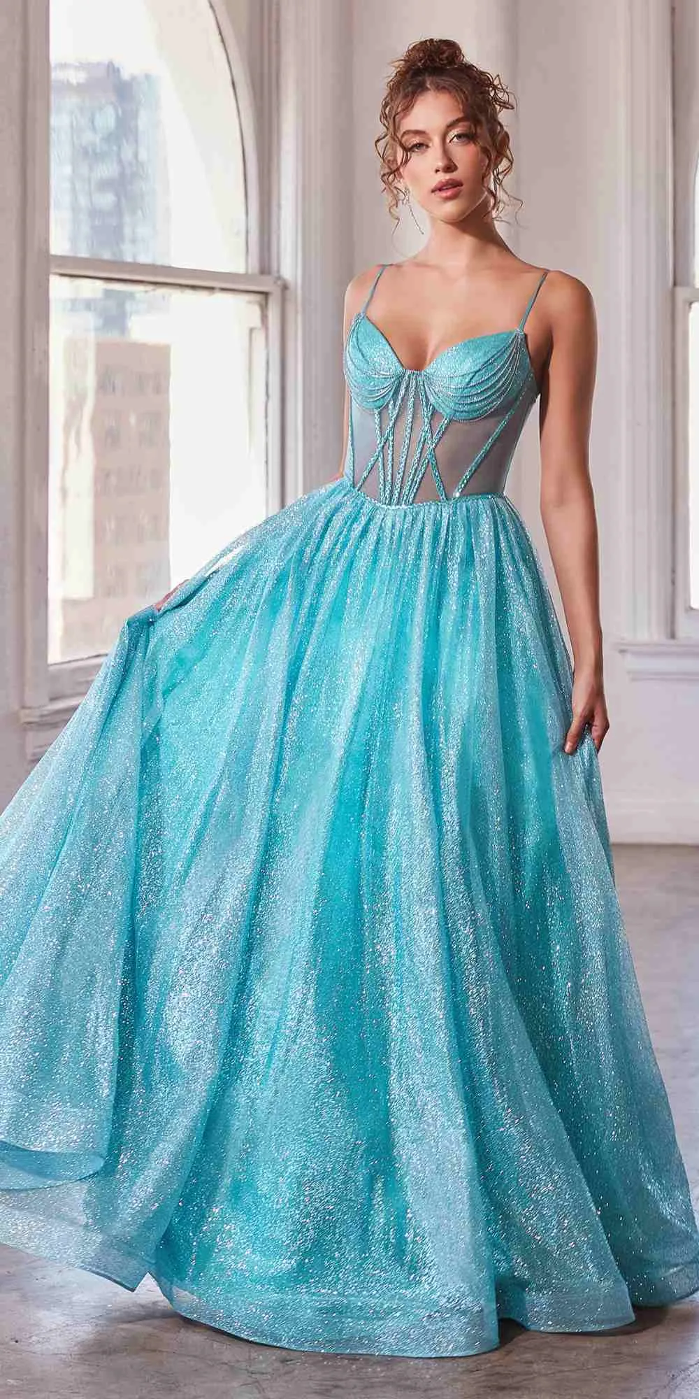Ladivine CD832 Long Sheer Boned Bodice Glitter Flock Ball Gown