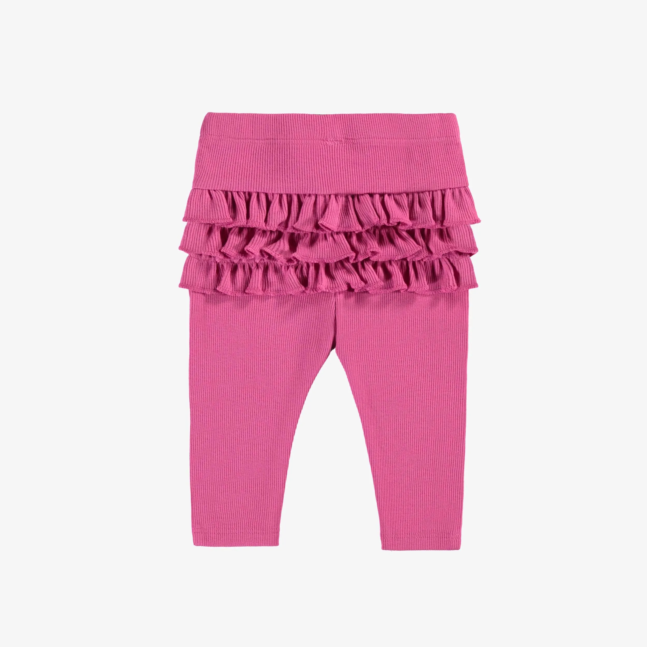 Legging fuchsia à volants en tricot côtelé, naissance || Fuchsia legging with ruffles in ribbed knit, newborn