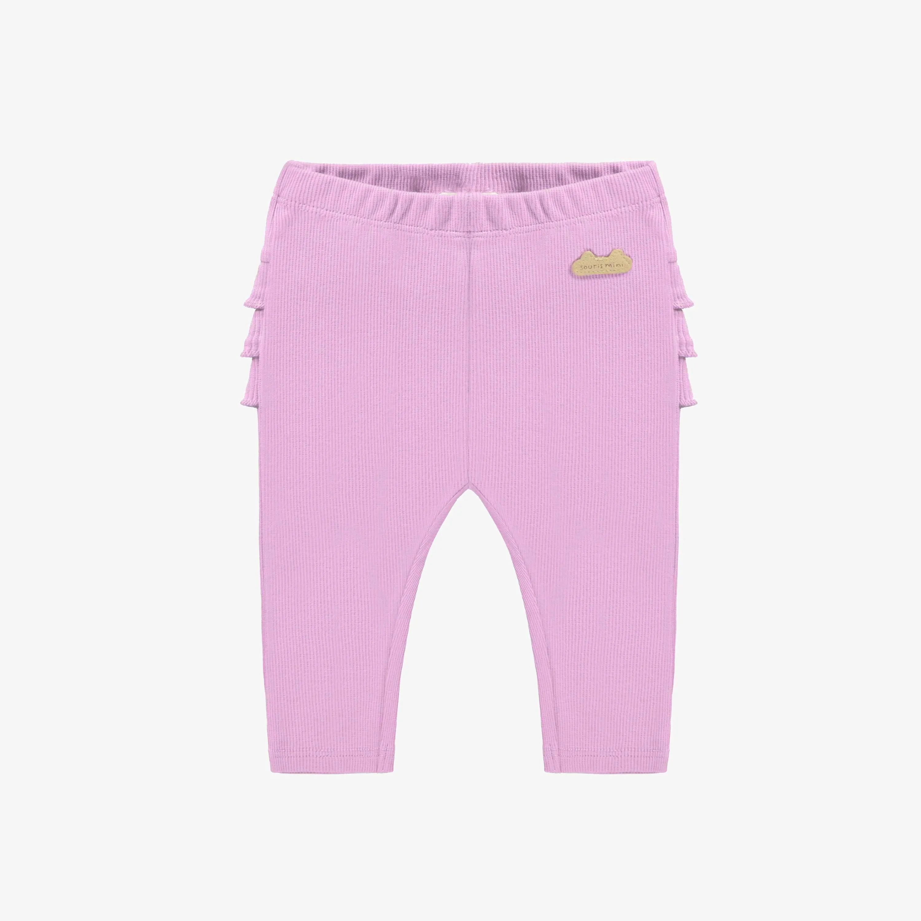 Legging mauve à volants en tricot côtelé biologique, naissance || Purple legging with ruffles in organic ribbed knit, newborn