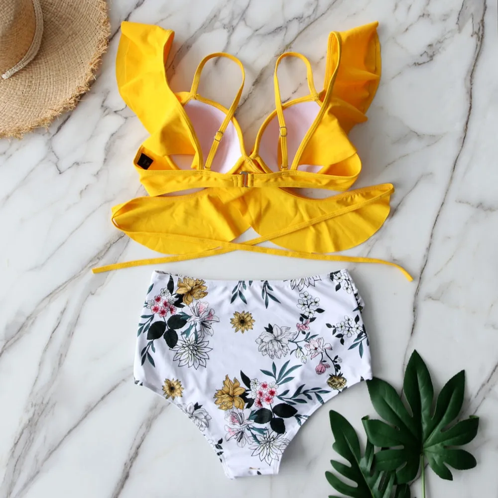 LEXI Ruffled Cross Bandage High Waist Bikini