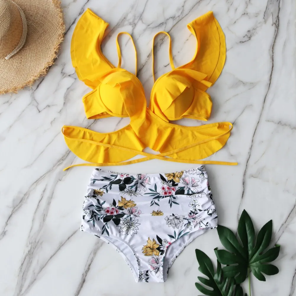 LEXI Ruffled Cross Bandage High Waist Bikini