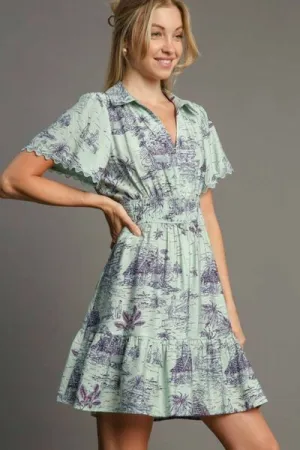 Light Green Landscape Print Collared Mini Dress Plus Size