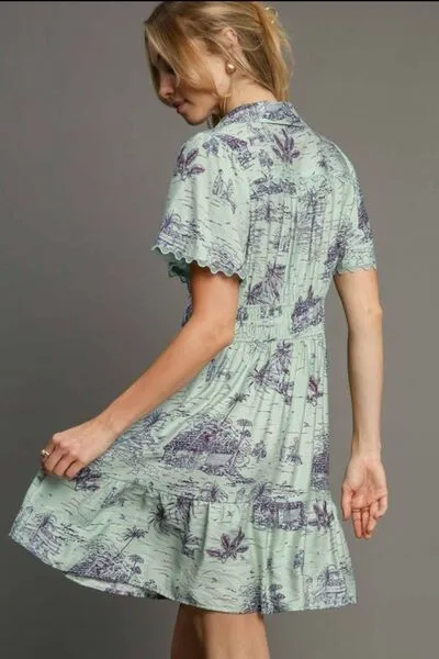 Light Green Landscape Print Collared Mini Dress Plus Size