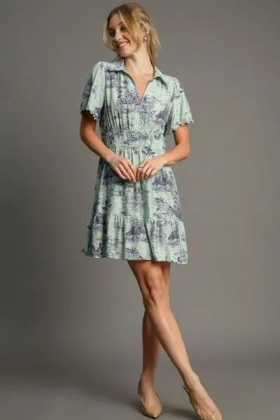 Light Green Landscape Print Collared Mini Dress Plus Size