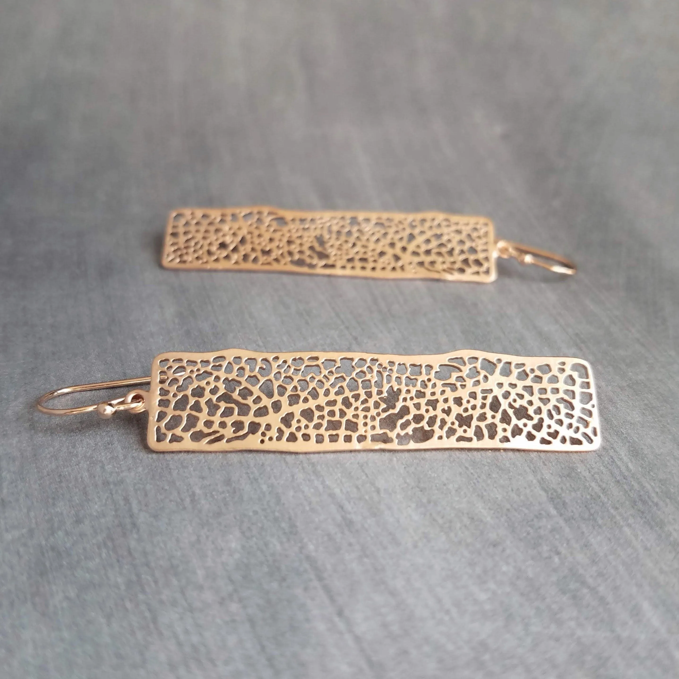 Long Rose Gold Rectangle Earrings, skeleton leaf earring, organic shape, rose gold filigree earring, thin rectangle earring, narrow