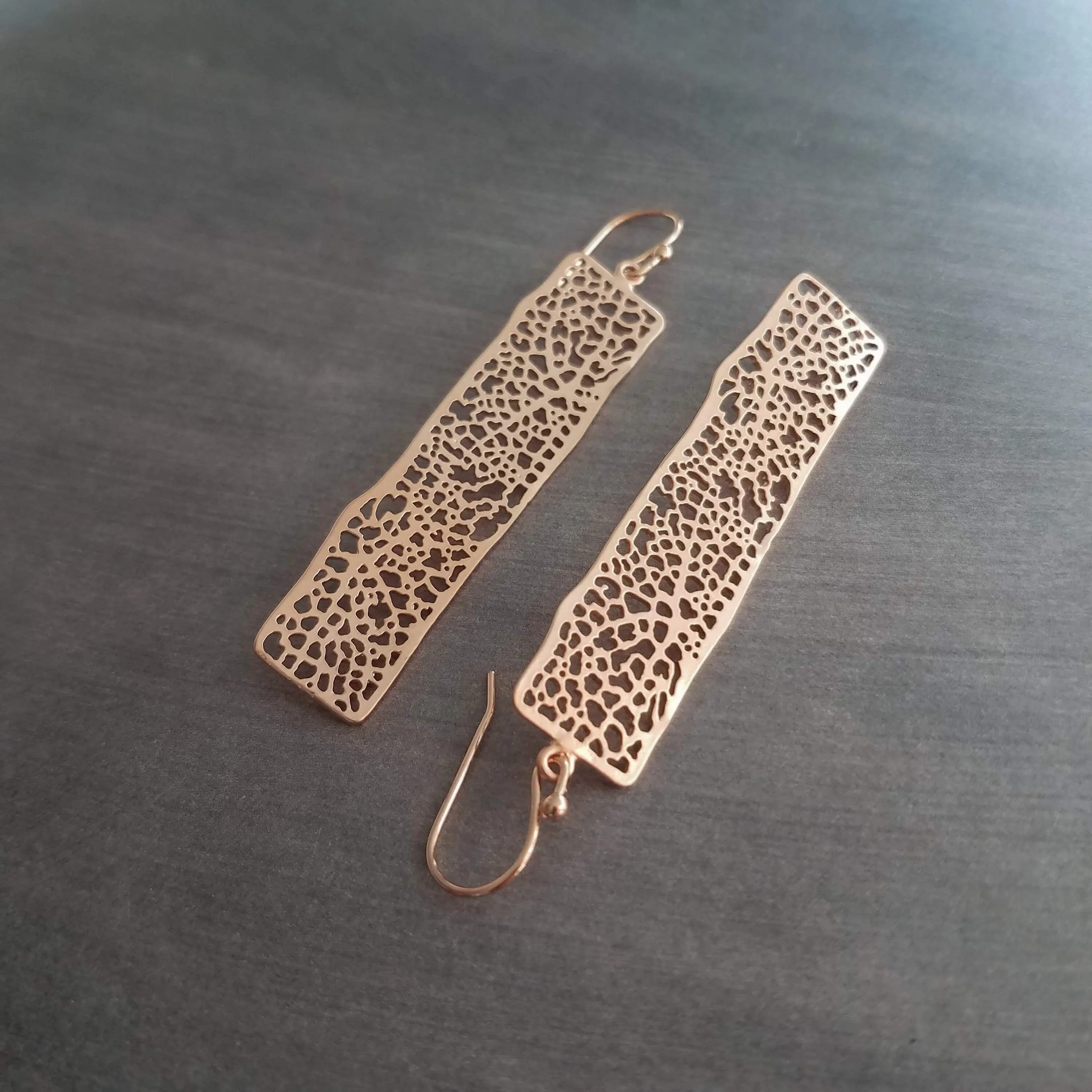 Long Rose Gold Rectangle Earrings, skeleton leaf earring, organic shape, rose gold filigree earring, thin rectangle earring, narrow
