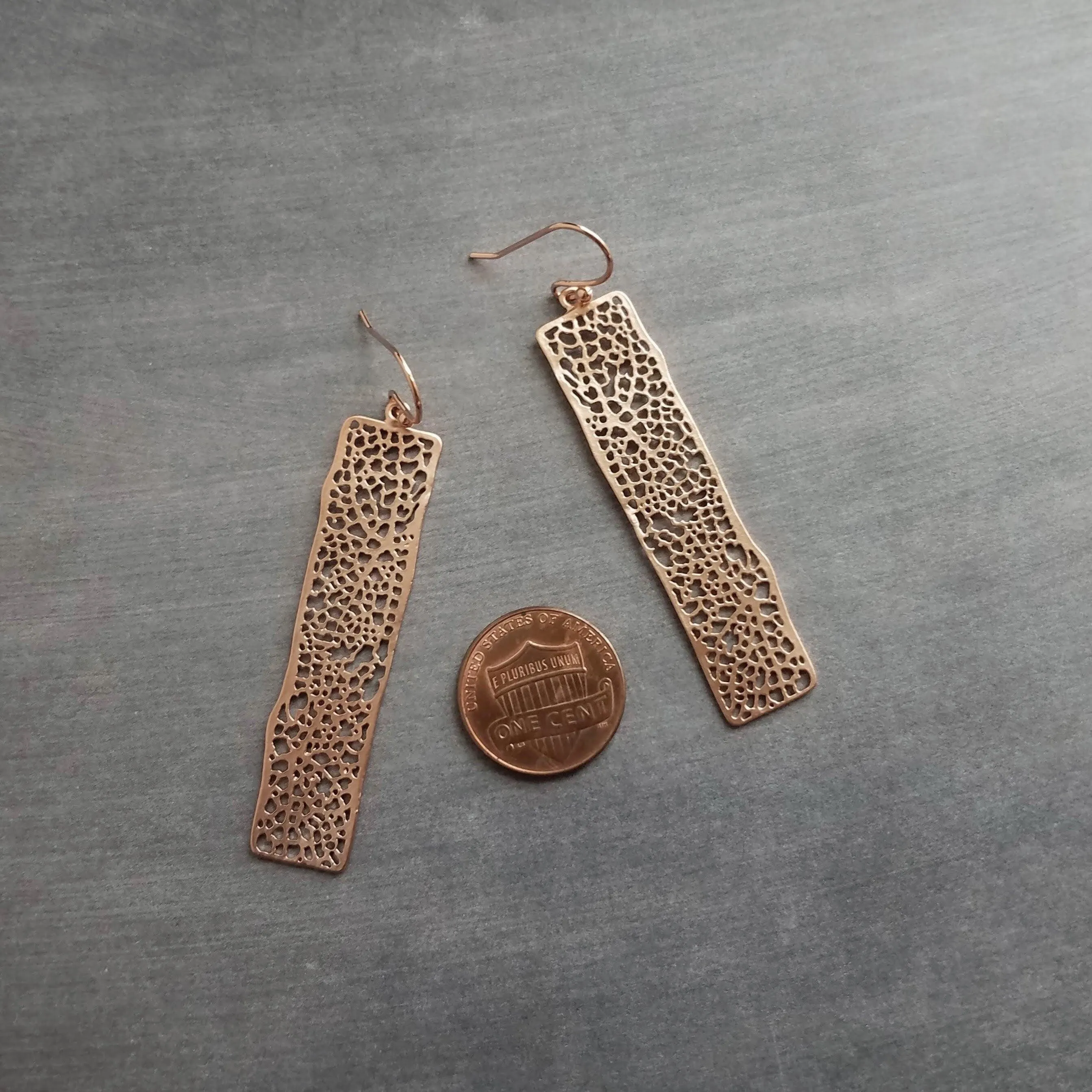 Long Rose Gold Rectangle Earrings, skeleton leaf earring, organic shape, rose gold filigree earring, thin rectangle earring, narrow